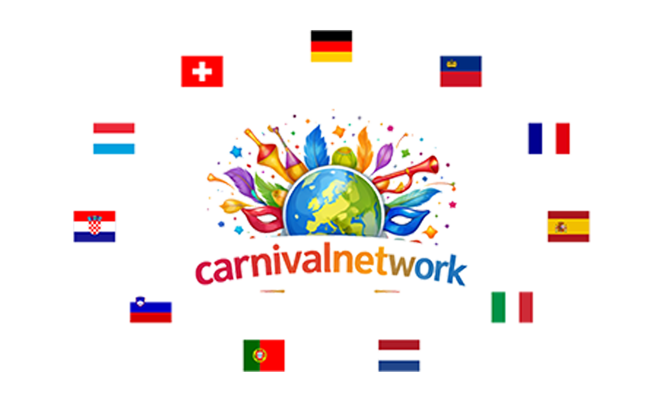 Das Bild zeigt ein Logo mit dem Text "carnivalnetwork" in verschiedenen Farben, umgeben von Flaggen verschiedener Länder. Im Hintergrund ist ein Globus mit einem Maskenball-Atmosphäre.